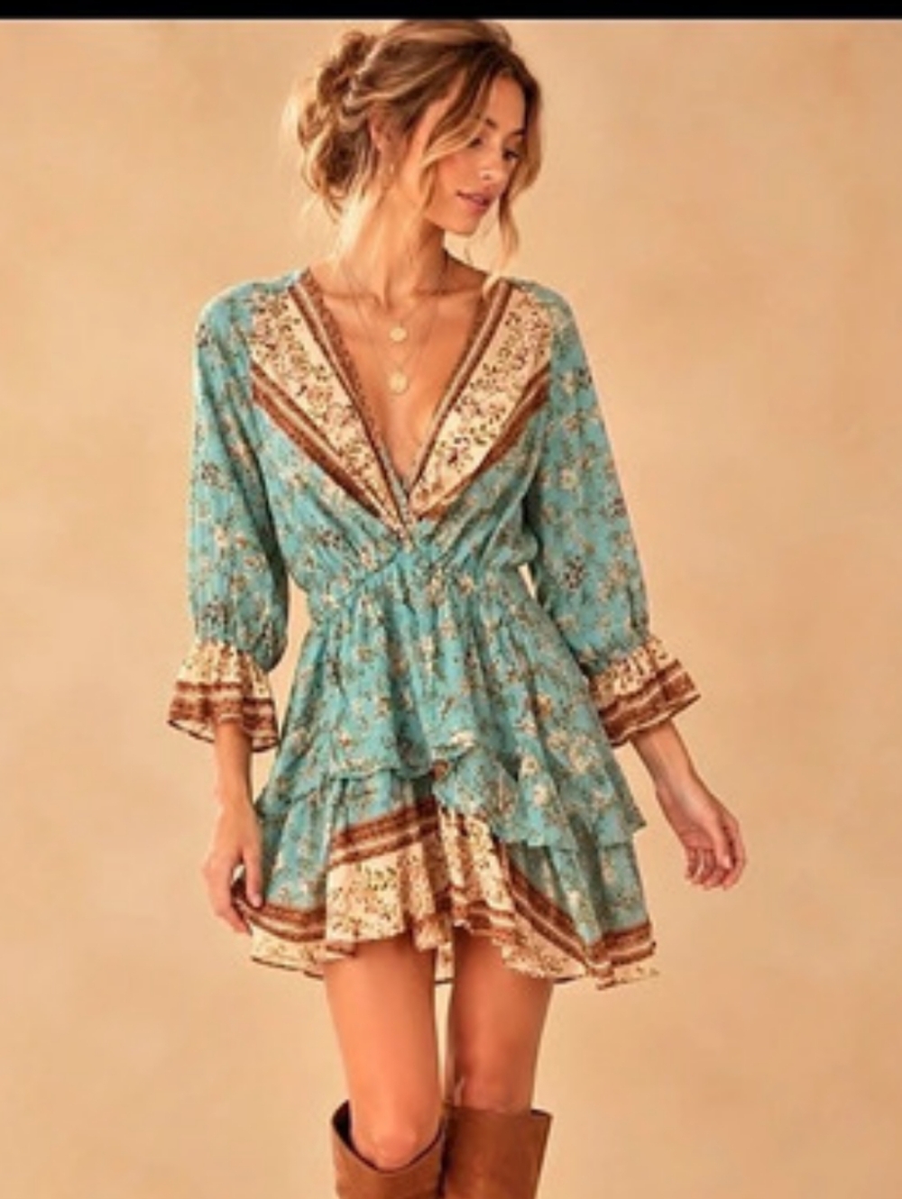 Umgee Boho Floral Tiered Mini Dress Tunic Medium EUC